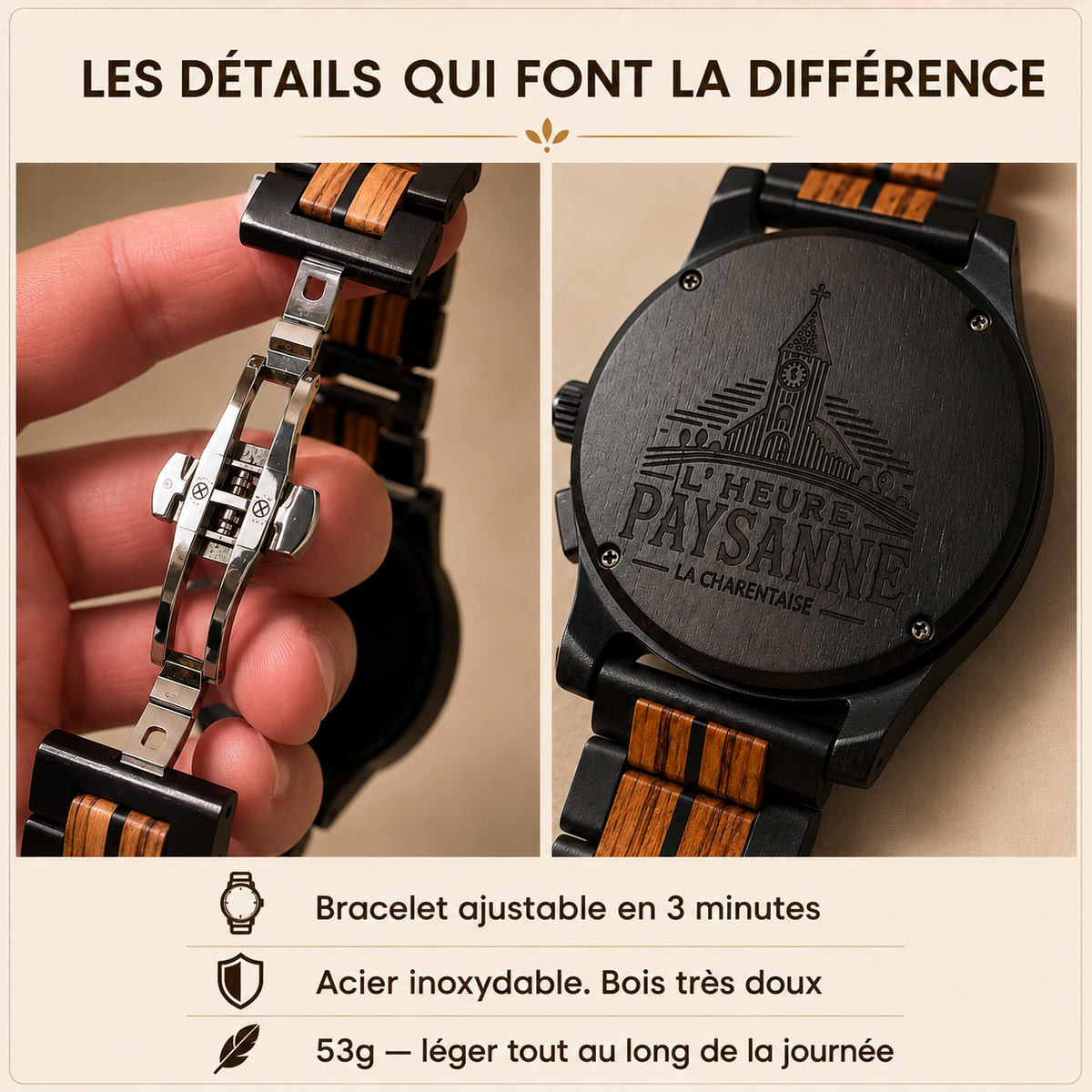 La Charentaise Homme - La montre en bois inspirée de votre région.