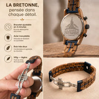Dos gravé et détails de la montre en bois La Bretonne