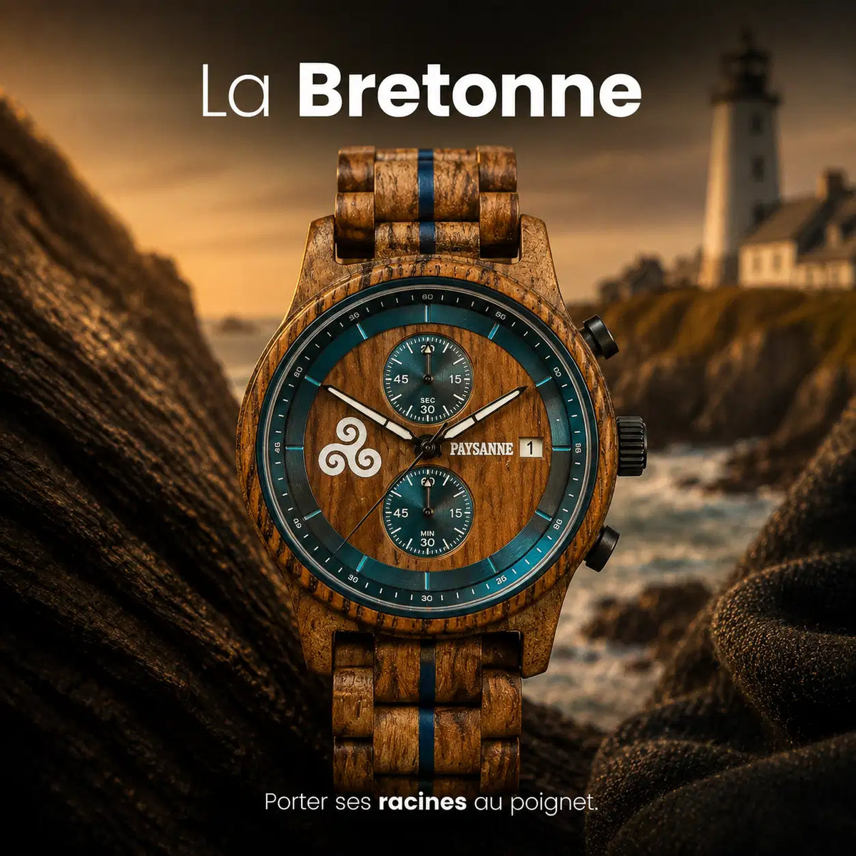 Montre La Bretonne en bois présentée devant un paysage de Bretagne