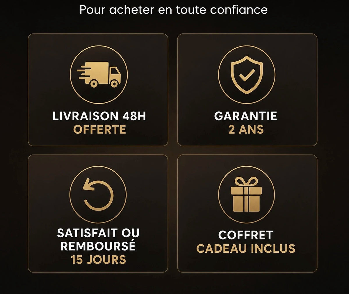 Pour la carte noire de réassurance du bas : Garantie 2 ans, coffret offert et satisfait ou remboursé pour La Charentaise
