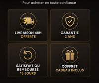 Pour la carte noire de réassurance du bas : Garantie 2 ans, coffret offert et satisfait ou remboursé pour La Charentaise