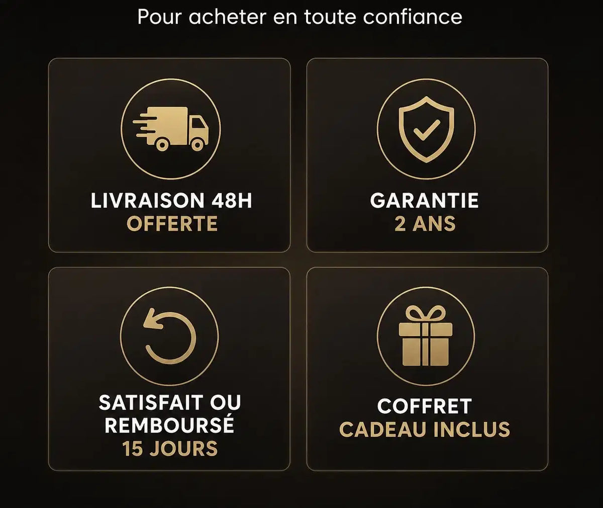 Pour la carte noire de réassurance du bas : Garantie 2 ans, coffret offert et satisfait ou remboursé pour La Charentaise