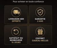 Pour la carte noire de réassurance du bas : Garantie 2 ans, coffret offert et satisfait ou remboursé pour La Charentaise
